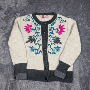Newari Hand Knit Wool Cardigan Sweater L/XL Floral Embroidered Lined Nepal Grey